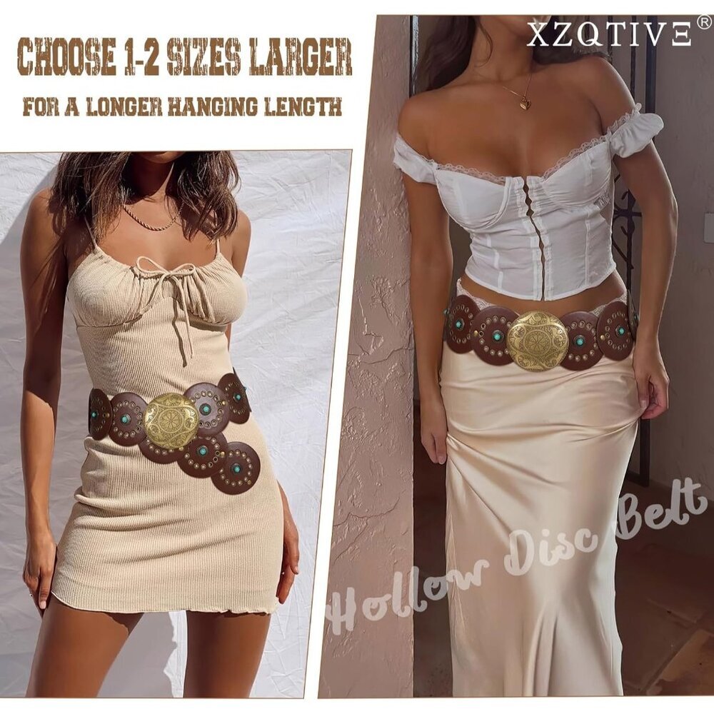 Woman's Western PU Leather Belts Concho Disc Wide Waist Belt Brown Bronze Buckle - Picture 4 of 6